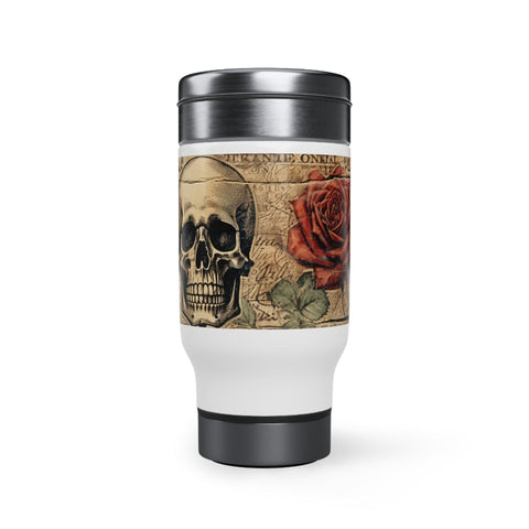 Vintage Skull & Rose Stainless Steel Travel Mug with Handle, 14oz