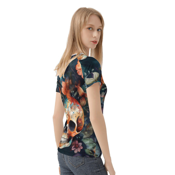 Be Unique & Stylish In This Women's Skull Brown Floral Short Sleeve T-Shirt