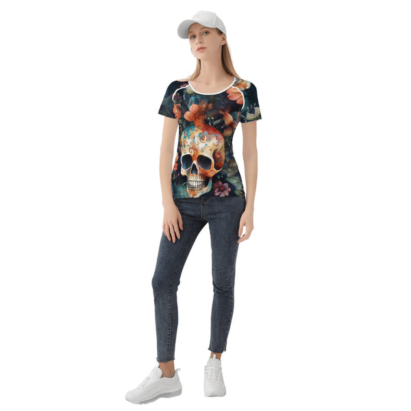 Be Unique & Stylish In This Women's Skull Brown Floral Short Sleeve T-Shirt