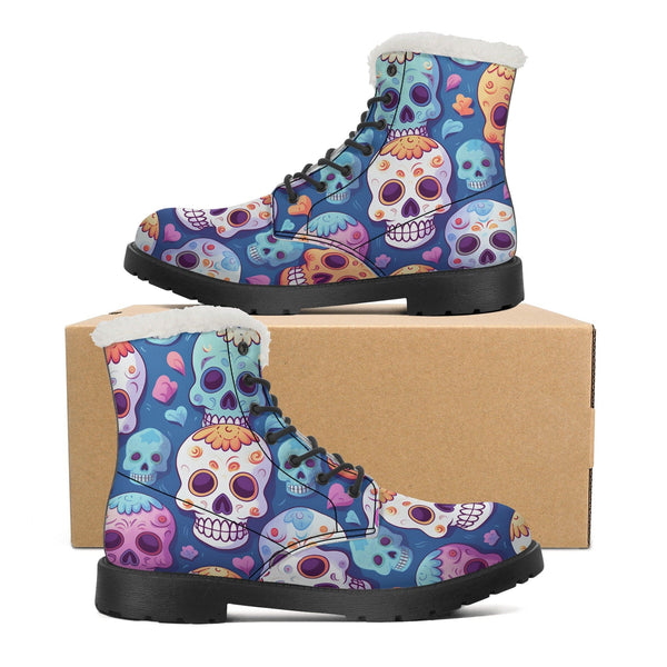 Womens Colorful Skulls Faux Fur Leather Boots