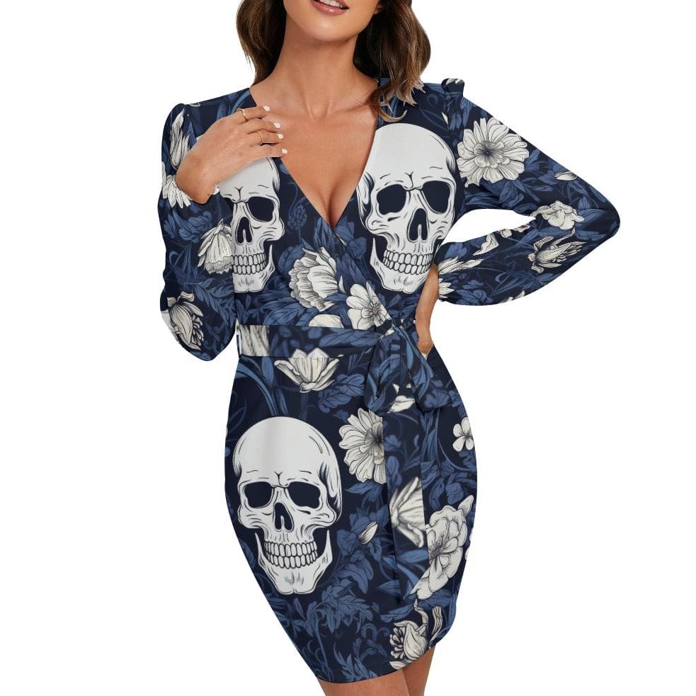 Women's Blue Floral Skulls V-Neck Long Sleeve Dress With Waist Belt M