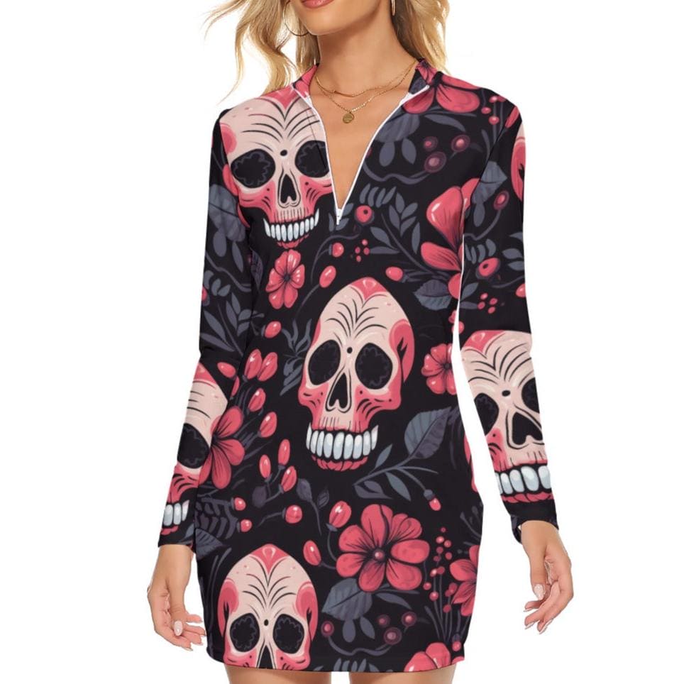 Women's Pink Floral Skull Zip Front Bodycon Long Sleeve Dress L