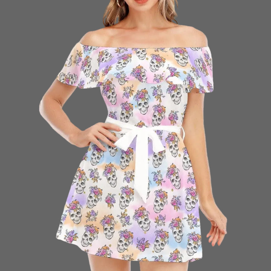 off the shoulder pastel dress Pastel Skull Off Shoulder Ruffle Dress M / White