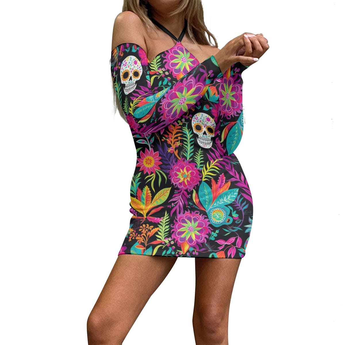 Women's Tropical Flora Skull Halter Lace-up Dress XS