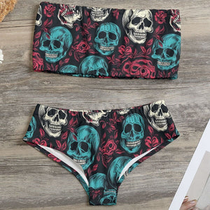Women's Blue Skulls Strapless 2 Piece Bikini Swimsuit