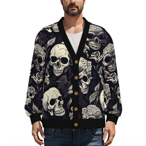 Men's Skulls V-neck Knitted Fleece Cardigan With Button Closure