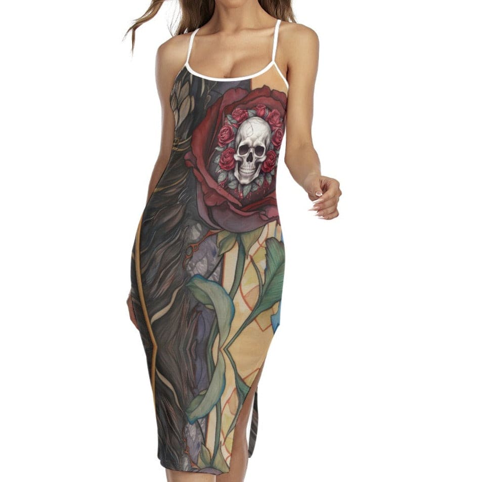 maxi dress with skulls Women's Gothic Floral Skull Back Cross Cami Maxi Dress M / White