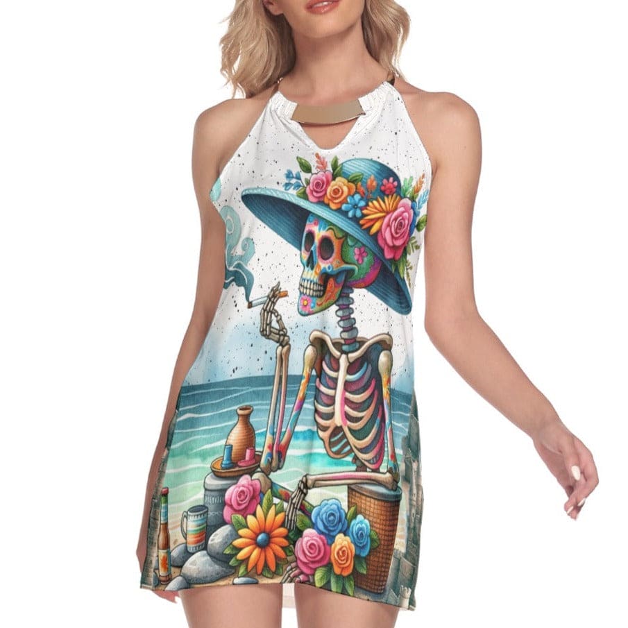 Women's Skeleton On The Beach Round Neck Above Knee Dress 3XL / White Women's Skeleton On The Beach Round Neck Above Knee Dress 3XL / White