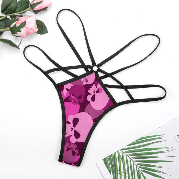 Women's Pink Skull Camo Strappy T-back Panties
