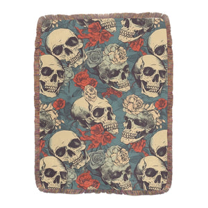 Skulls & Red Roses Ultra-Soft Mixed Green Fringe Blanket 60"x 80"