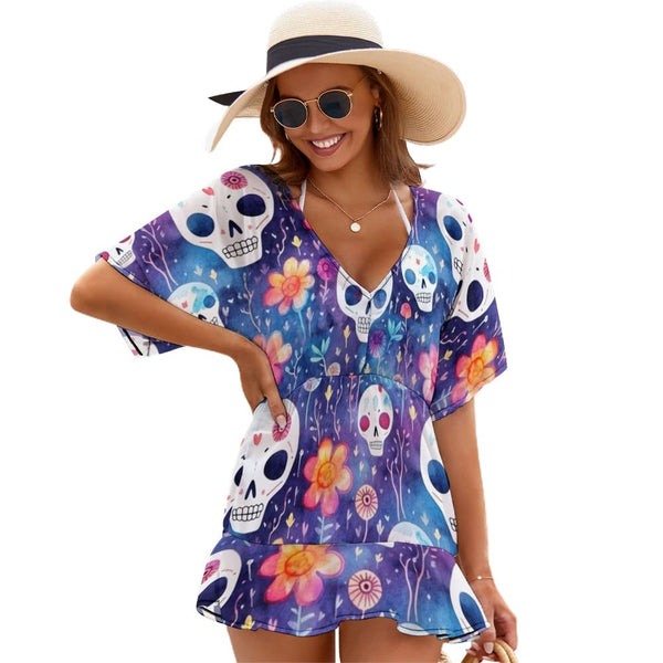 Ladies Skulls Thin Short Sleeve One Piece Cover Up