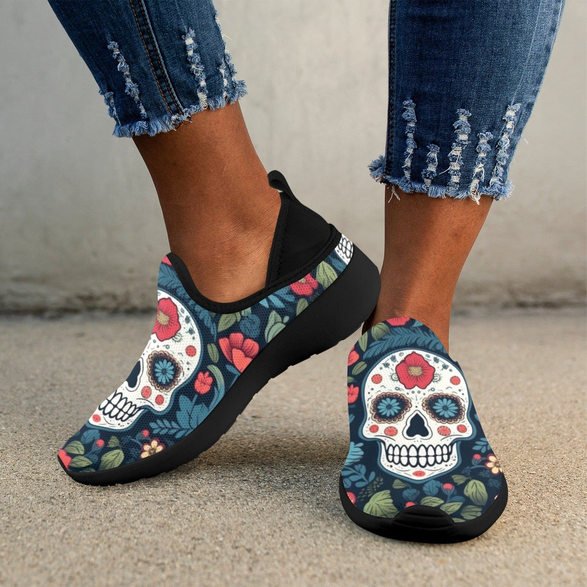 Blue Red Skulls Fly Weave Drop In Heel Sneakers for Women