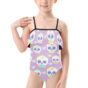 Kids Skulls Purple Spaghetti Strap Ruffle Swimsuit