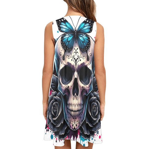 Gothic Butterfly Skull Floral Sleeveless Dress