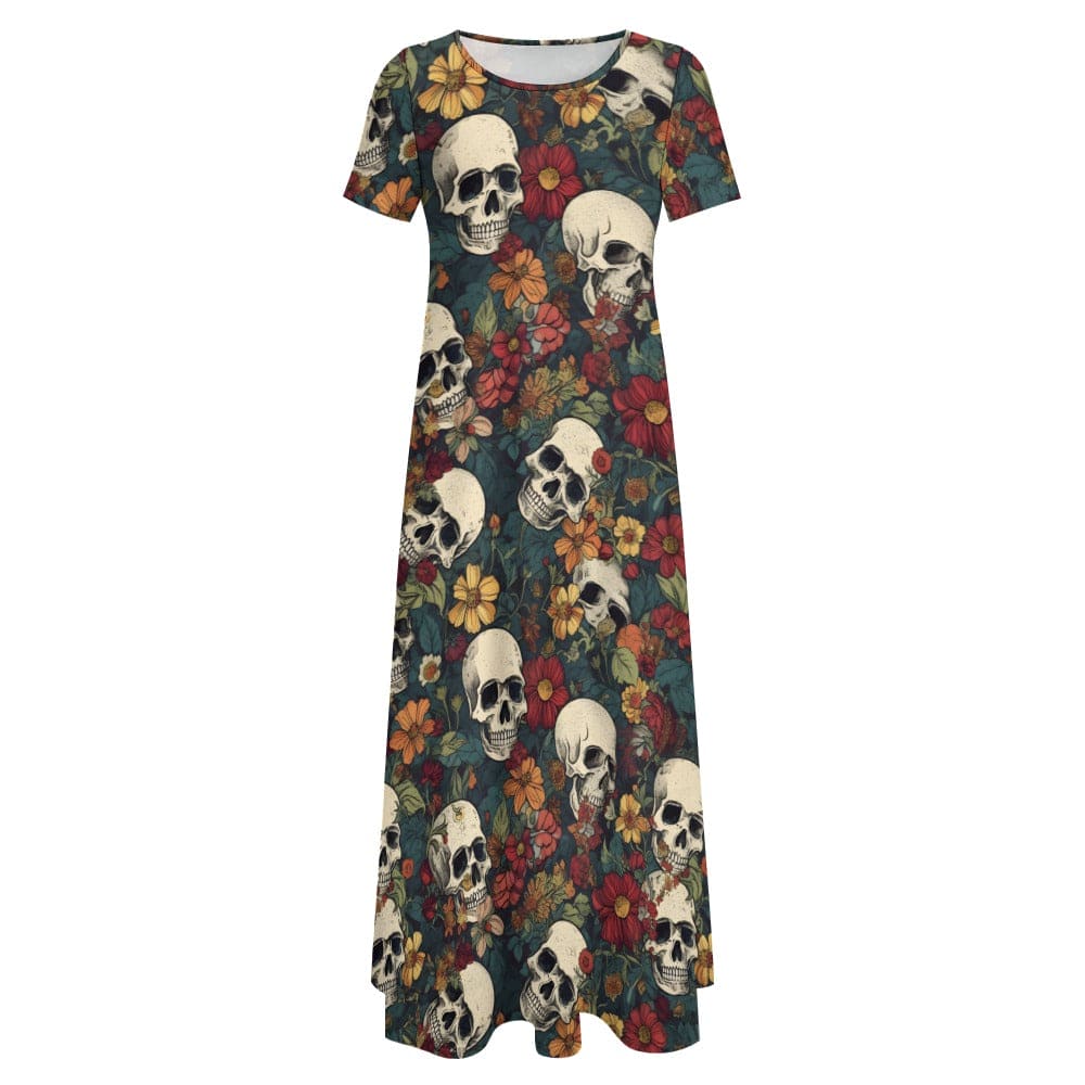 short sleeve maxi dress casual Skulls With Fall Flowers Round Neck Short Sleeve Maxi Dress – Everything Skull Clothing Merchandise and Accessories