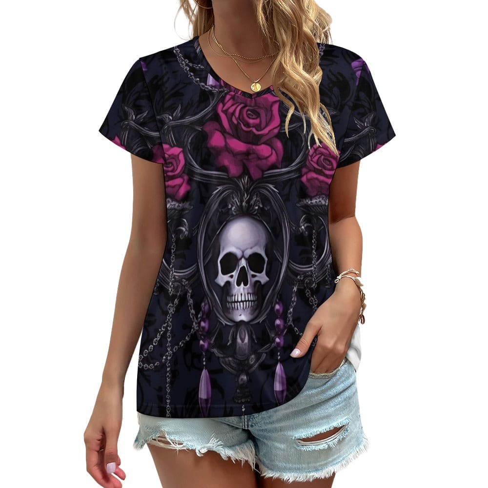 Women's Skull Roses V-neck Short Sleeve T-shirt – Everything Skull