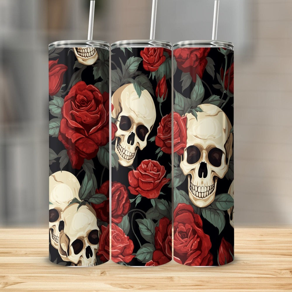 Skull Red Roses Stainless Steel 20oz Tumbler Travel Mug, Gothic