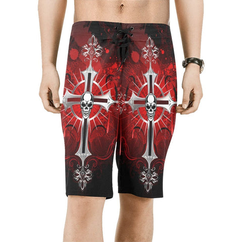 Spice Up Your Activewear With These Stylish, Men's Gothic Cross Skull Head Relaxed-Fit Shorts