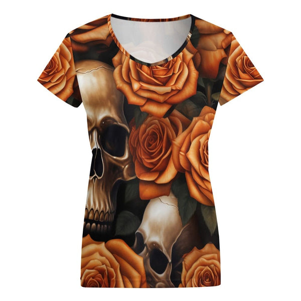Skull Orange Roses V-neck Short Sleeve T-shirt