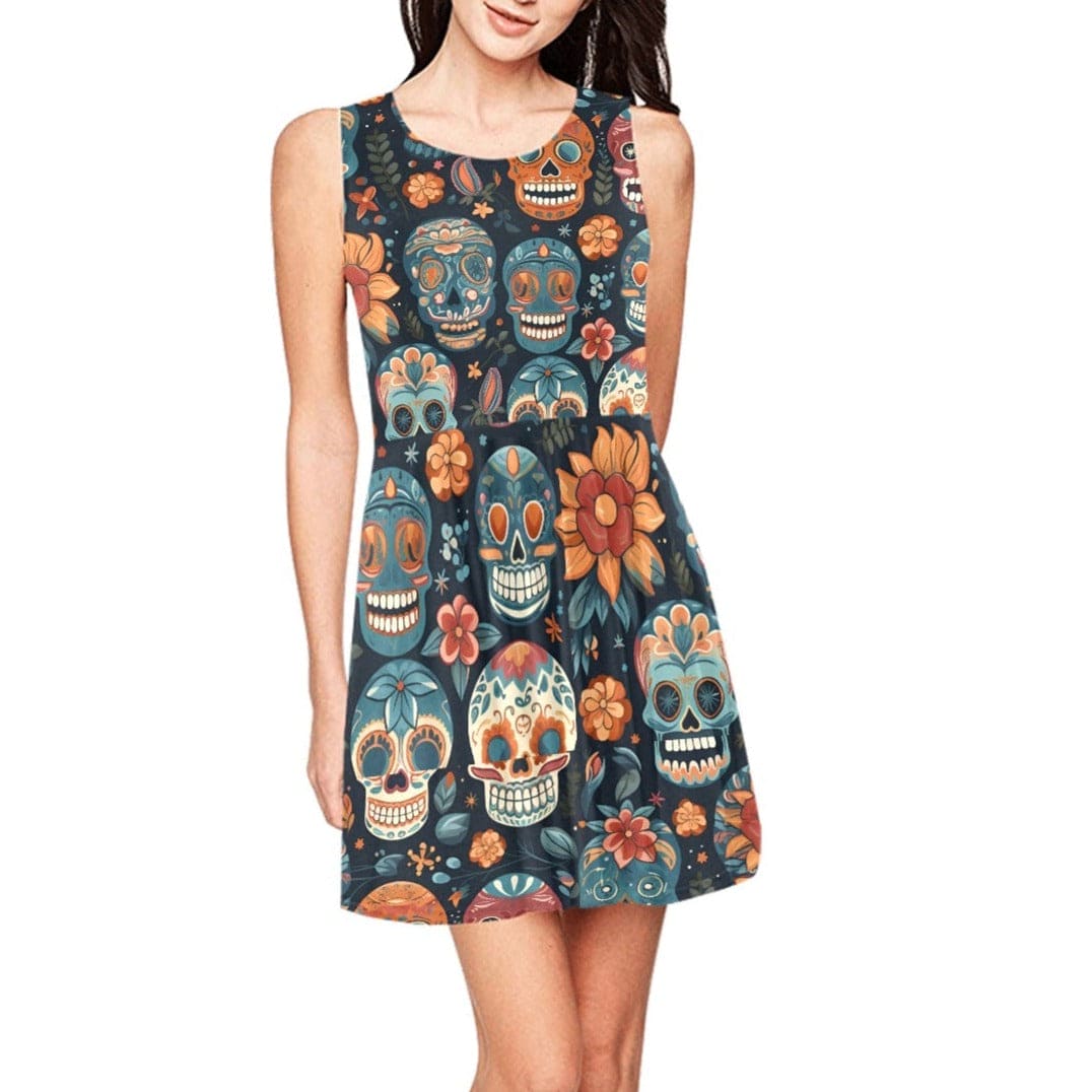 Women's Skulls Flower Sleeveless Skater Dress White / XS Women's Skulls Flower Sleeveless Skater Dress White / XS