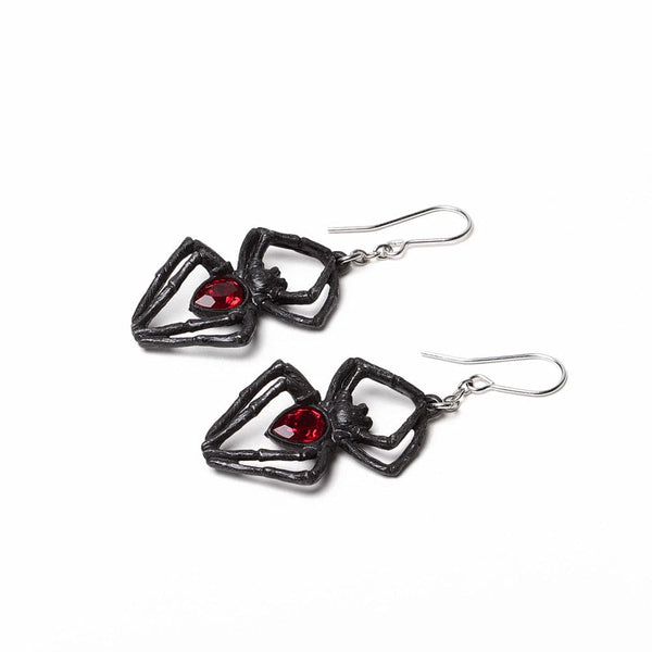 Black Widow Spider With Red Crystal Earrings