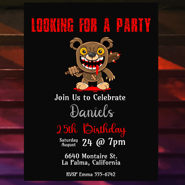 Killer Zombie Bear Invitation - Personalized Ready to Print Invitation