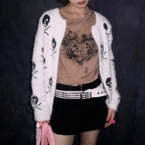 Skull Goth Long Sleeve Black or White Cardigan Knit Sweater