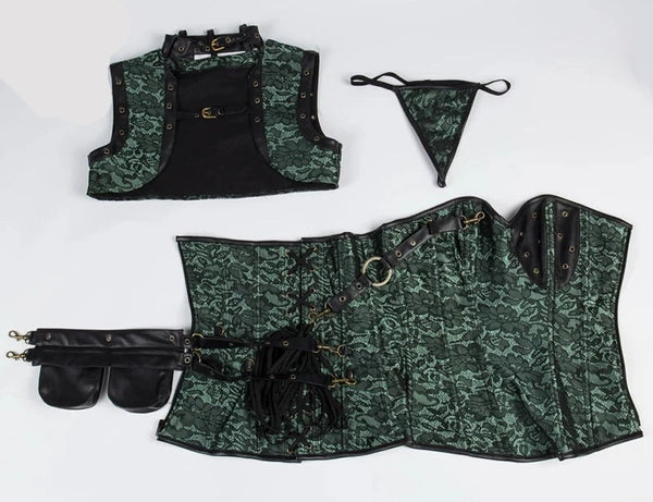 Women's Skull Green Floral Pouch Belt & Jacket Steampunk Corset