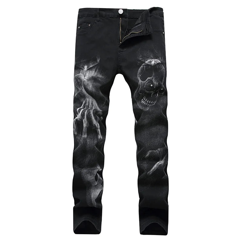 Men's Skull Print Punk Stretch Jeans – Edgy Gothic Denim Trousers