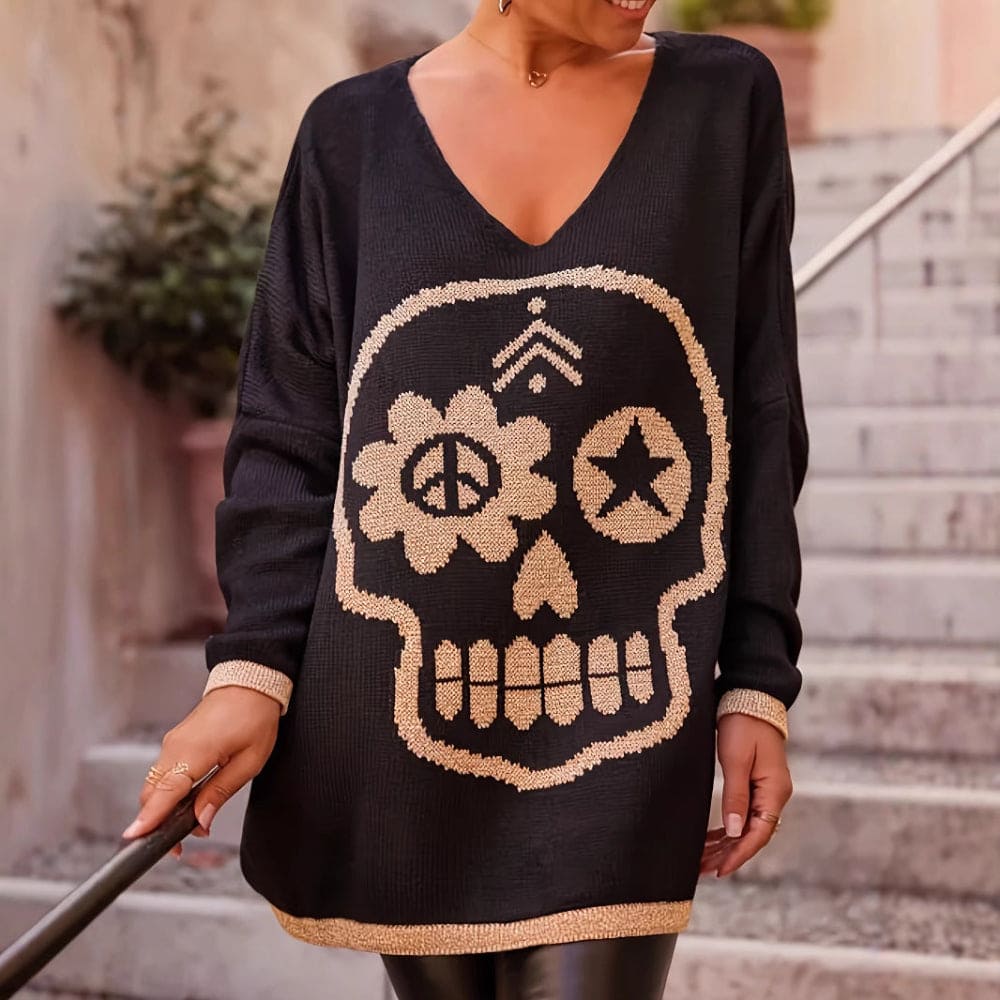 トップス darkwear punk rock skull born knit sweat The Nocturnal Distortion Skull V-Neck Knit Sweater – Everything