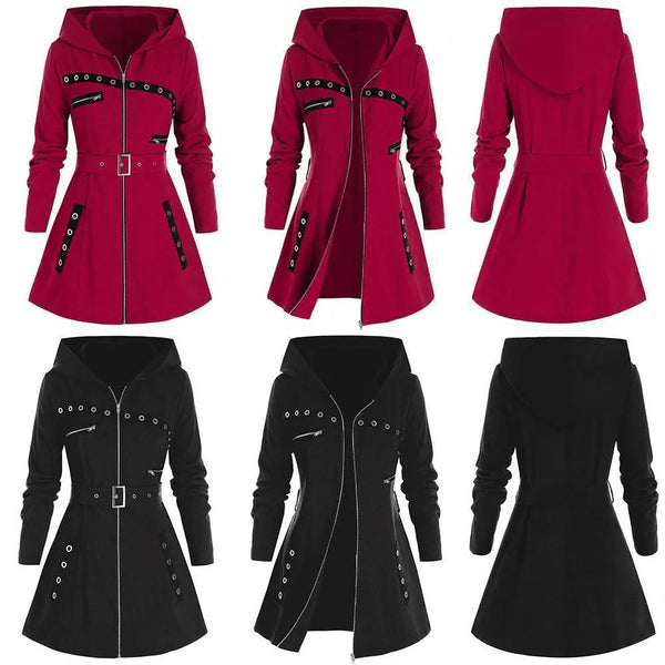 Women's 🧟‍♀️🧥 Long Gothic Punk Warm Zipper & Belt Jacket