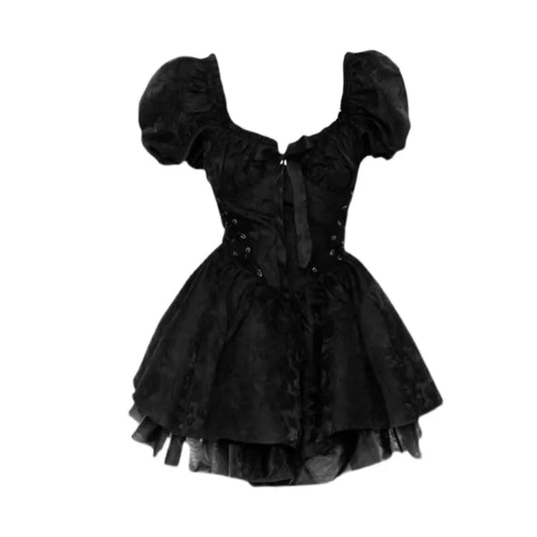 Gothic Black Vintage Puff Sleeve Tie Front Dress For Women
