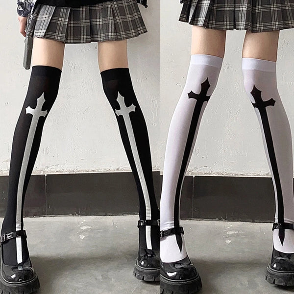 Women's Thigh High Cross Sword Pattern Goth Knee High Socks