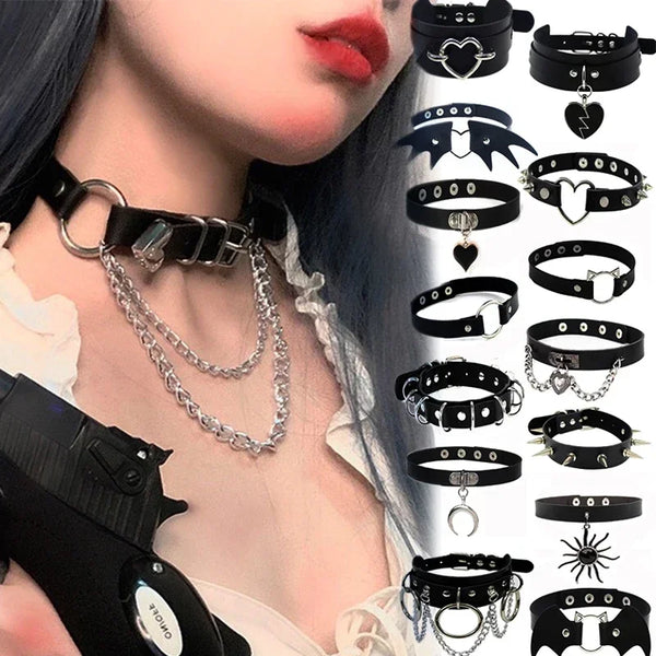 Punk Collar Black Chokers Necklace With Spikes, Chain & Pendants