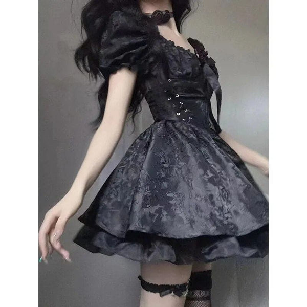 Gothic Black Vintage Puff Sleeve Tie Front Dress For Women