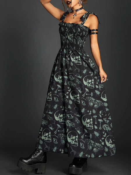 Goth Skull Shirring Lace Up Long Dress