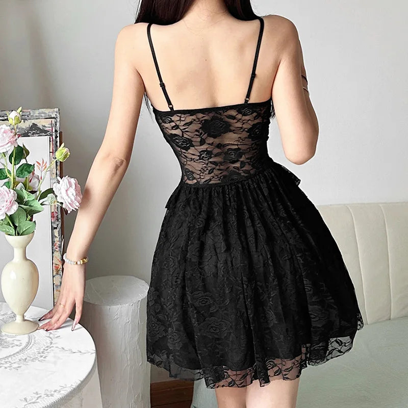 Gothic Lace Spaghetti Strap Women's Dress Black / M