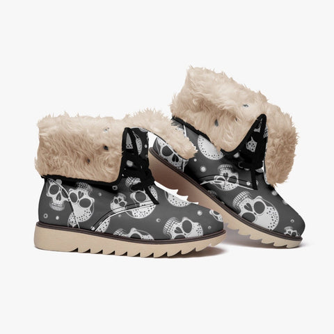 Black Gray Skulls Cotton-Pad Fur Lining Boots
