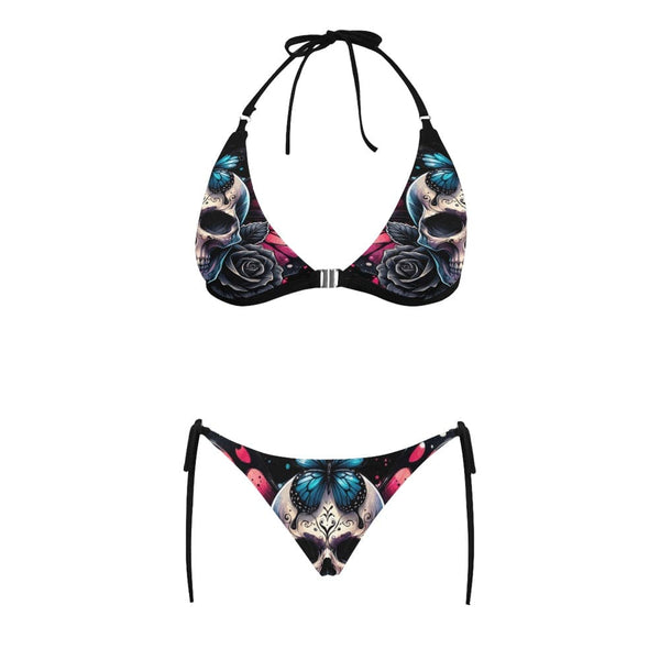Gothic Butterfly Skull Floral Two Piece Bikini Buckle Front Halter