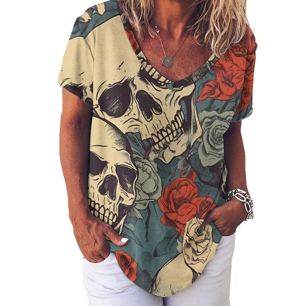 Ladies Beigh Skulls Floral V-Neck Loose Short Sleeve T-Shirt