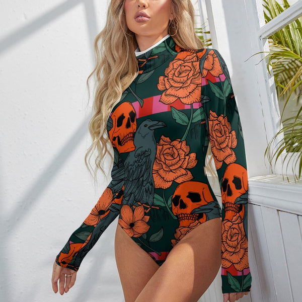 Women's Orange Skull Floral Turtleneck Long Sleeve Bodysuit