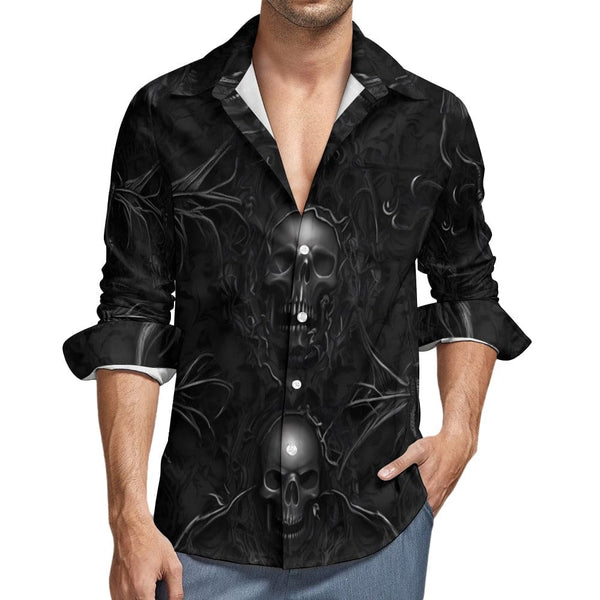 Men's Black Skull 👨💀👔 Casual One Pocket Long Sleeve Shirt