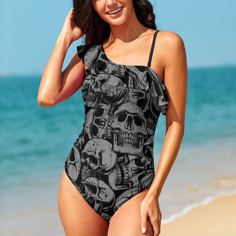 Ladies Black Skulls One Shoulder One Piece Swimsuit