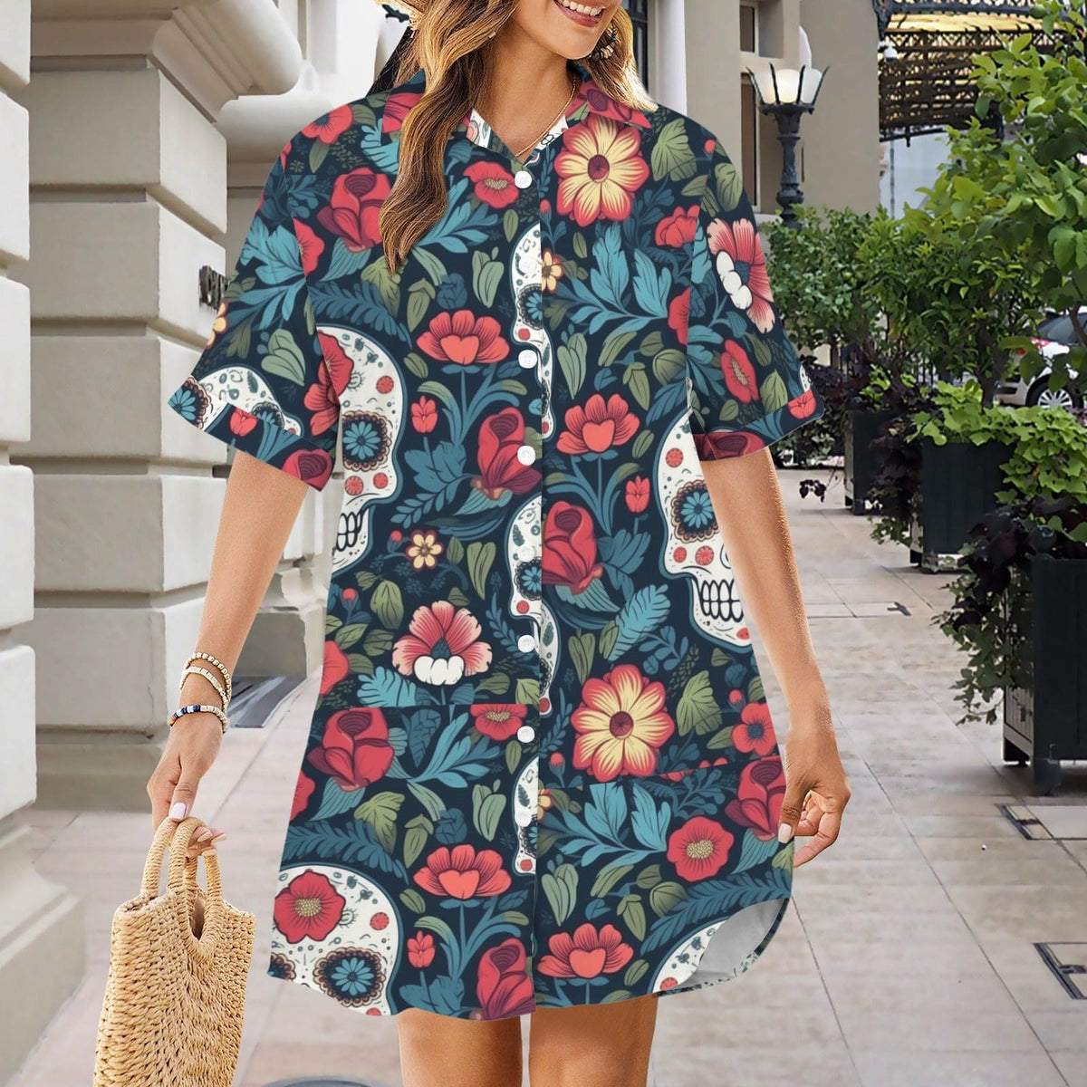 Skull Tropical Floral Short Sleeve Button Down Shirt Dress – Everything Skull Clothing Merchandise and Accessories