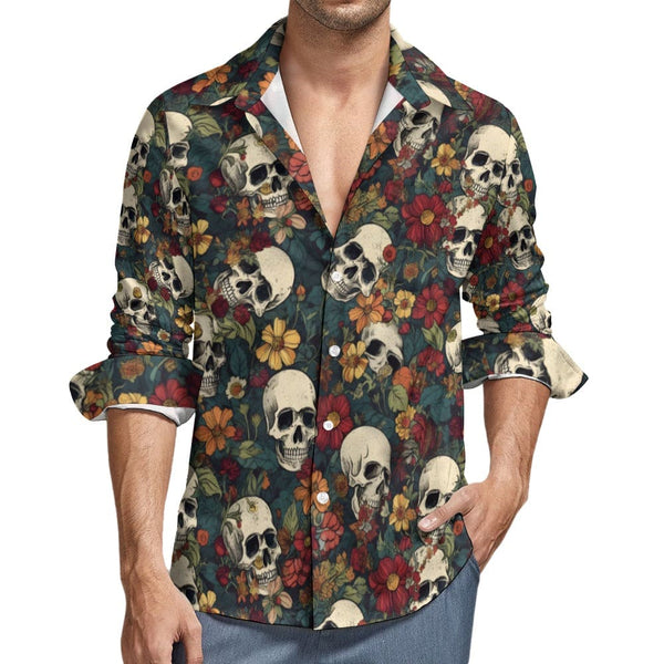 Skulls & Flowers Casual One Pocket Long Sleeve Shirt