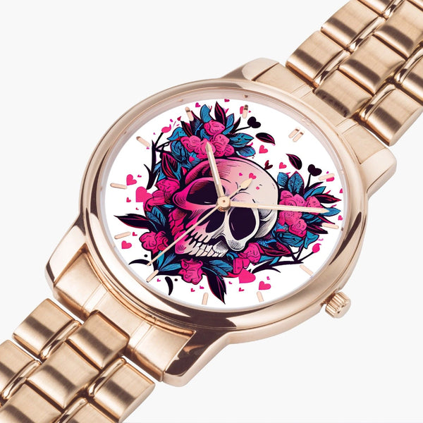 Skull Floral Folding Clasp Stainless Steel Quartz Watch With Indicators 3 Colors