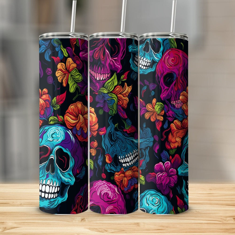 Skull with Roses 20oz Skinny Tumbler With Straw and Lid