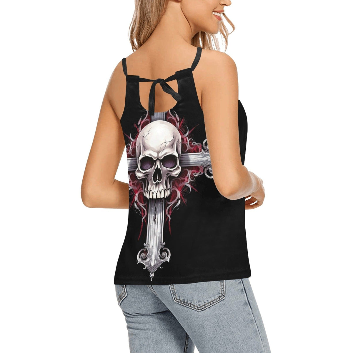 Women's Skull Cross Gothic Loose Spaghetti Strap Tank Top