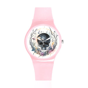 Skull Floral Pink Round Rubber Band Sport Watch
