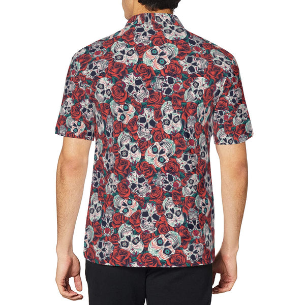 This Skull Red Roses Polo Shirt Features A Unique Collar Design For A Stylish Yet Comfortable Appearance